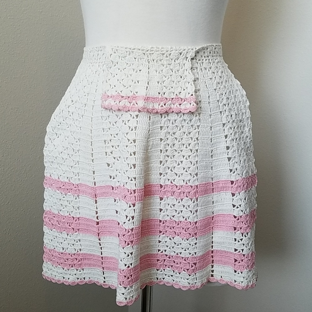 Vintage Crocheted Pink & White Half Apron